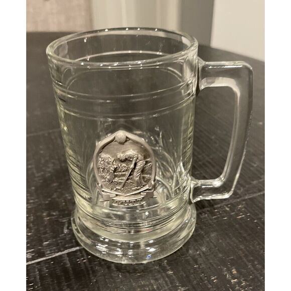 stein Other - GLASS STEIN BEER MUG COLONIAL TANKARD PEWTER EMBLEM PUTT GOLFER! Vintage